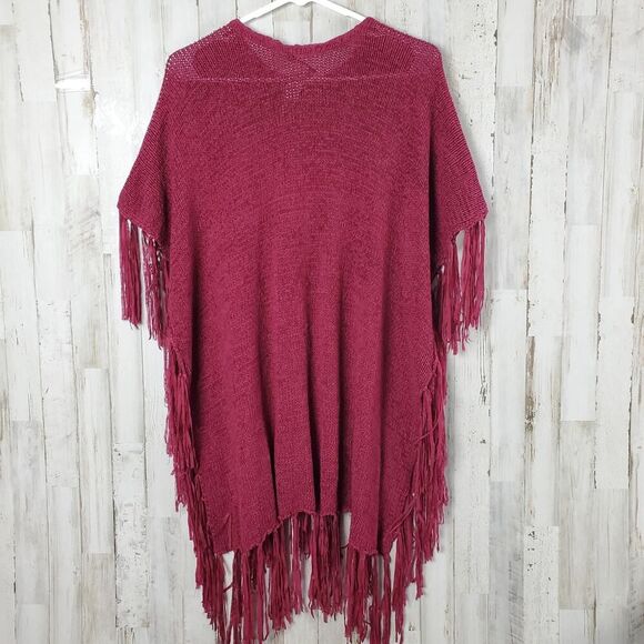 Maurices Boxy Loose Knit Fringe Shawl Sweater Maroon OSFM - Picture 2 of 11